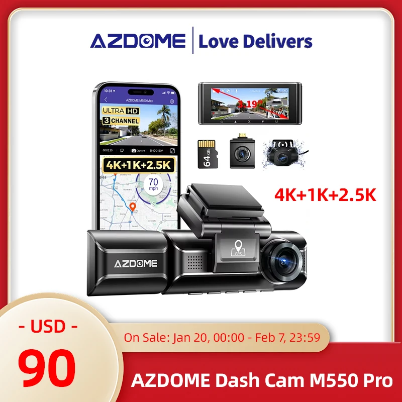 AZDOME 4K 3 Channel Dash Cam M550 Max Car Camera WiFi GPS Front and Rear Inside Recorder Car DVR IR Night Vision Parking Mode