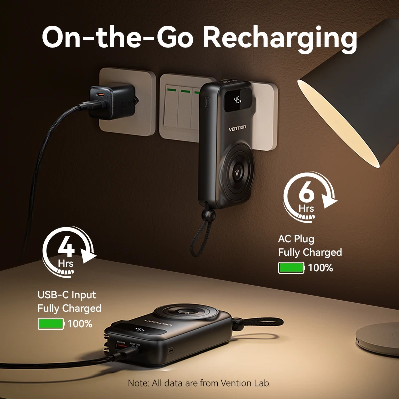 Vention ank mAh Power Bank-شحن سريع لاسلكي محمول مع كابل مدمج قابس تيار متردد لهاتف iPhone 12 13 14 15 16 Pro Max Xiaomi Samsung Tablet