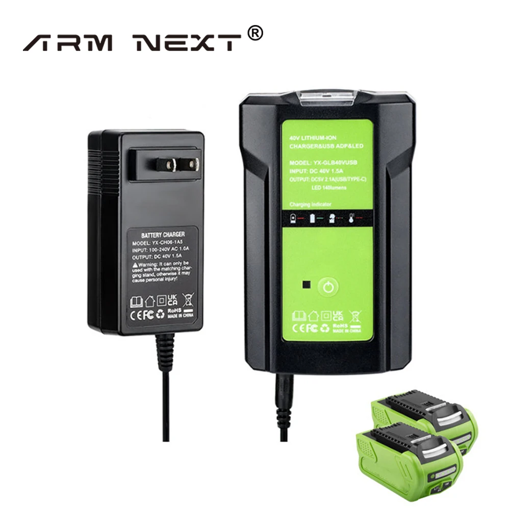 For GreenWorks 40V Lithium-ion Battery Charger Adapter Portable Power Supply With USB 3W Work Light For GLB 29472/29482/29462