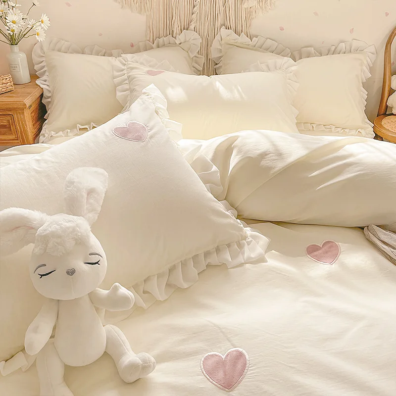 Pillowcase White 2Pcs Cartoon Applique Embroidered Cotton Pillow Cover Sweet Princess Ruffle Lotus Leaf Lace Cushion Cover