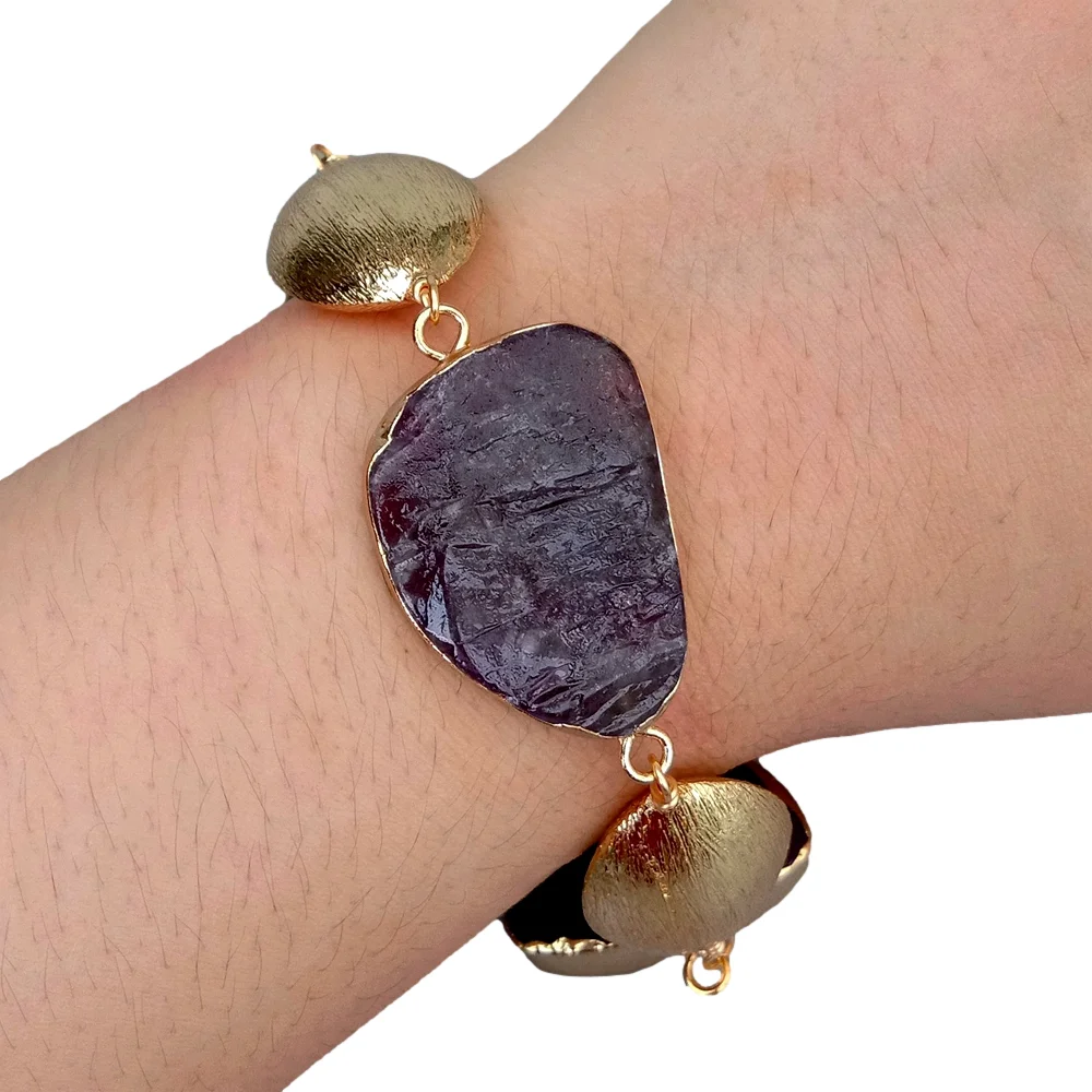 Y·YING Natural Purple Amethyst Freeform Shape Bezel Brushed Beads Handmade Bracelet