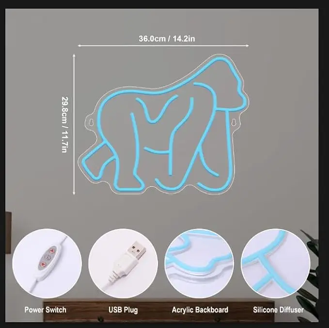 Gorillas Neon Sign Ape USB Powered LED Neon Light Wall Decor for Game Room Home Bar Man Cave Party Birthday Holiday Gift