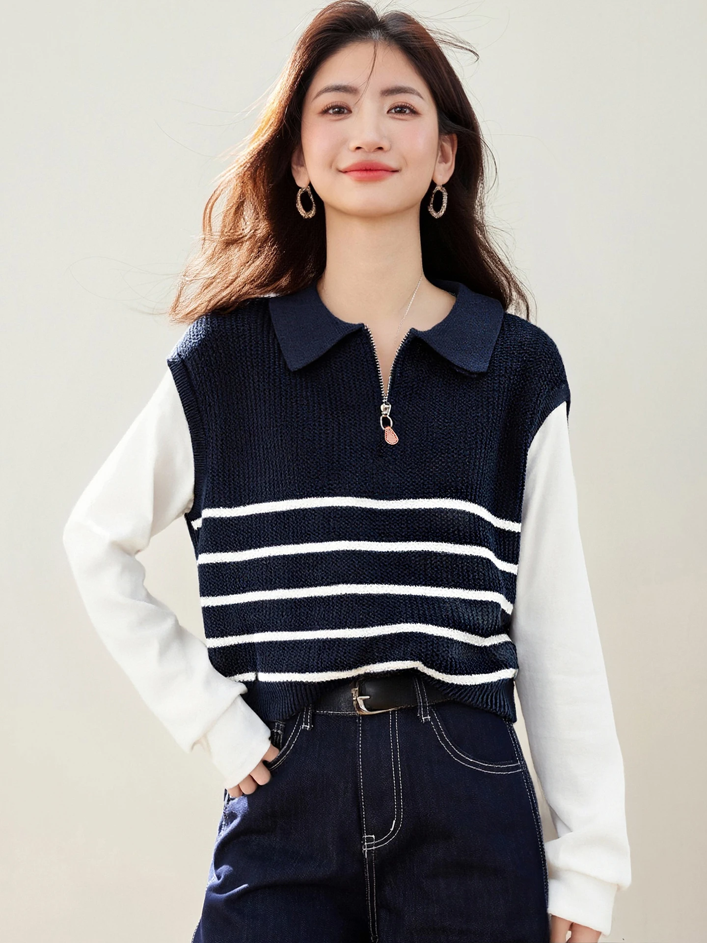 

Half-Zipper Korean-Style Striped Fake Two-Piece Knitted Sweater For Women Loose Versatile And Slimming Inner Layer Top