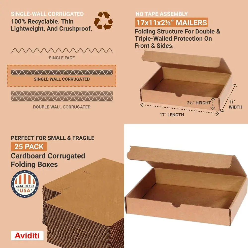 

25-Count Medium Shipping Boxes, 17L x 11W x 2.5H, Durable Corrugated Cardboard for Packing, Moving, and Storage