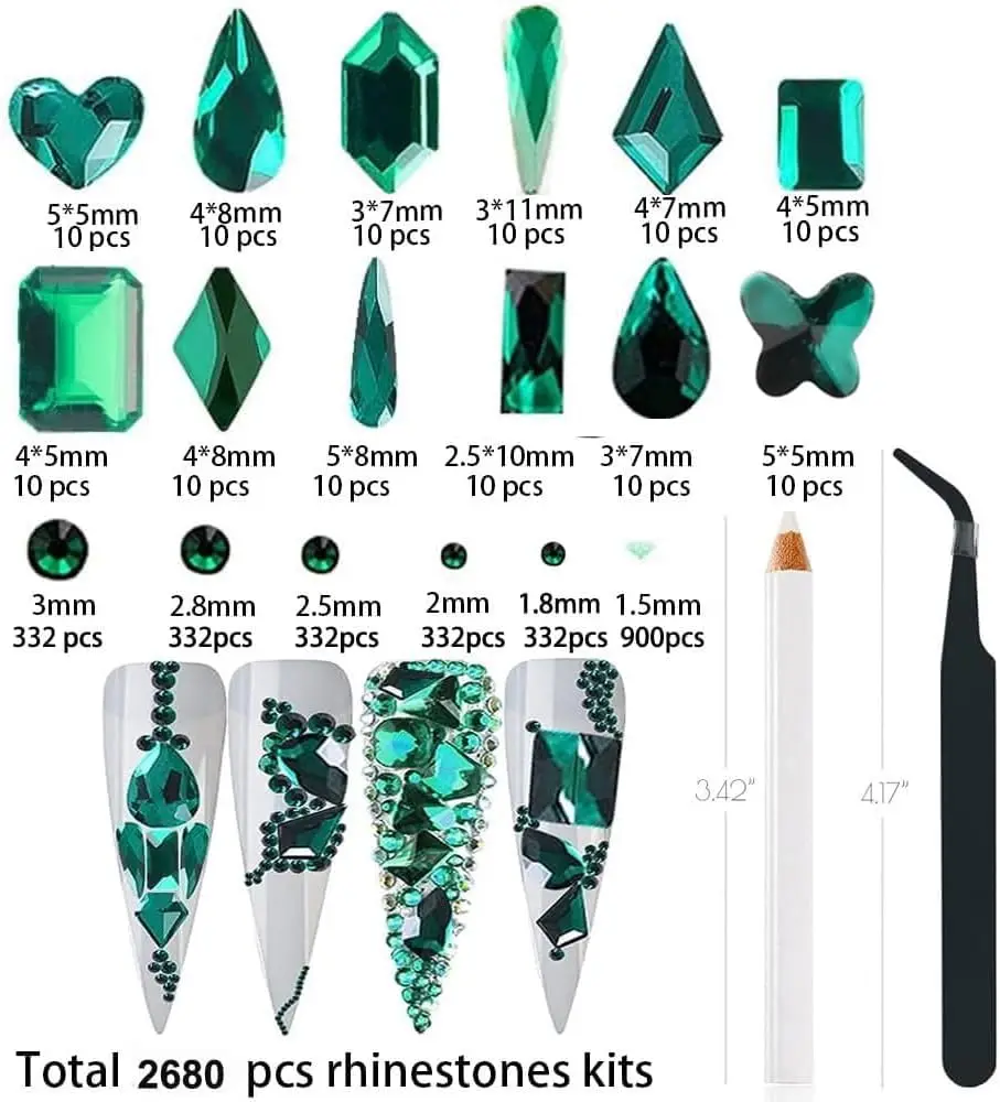 Nail Rhinestones,  Green Nails Art Diamond with 2680 Pcs Gem Stones Beads, Emerald Green Clear Nail  Charm for DIY Decoration