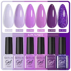 LILYCUTE 6Pcs/Set Purple Color Series Nail Gel Glitter Semi Permanent UV LED Gel Nail Art Soak Off Polish Kit Design Manicure