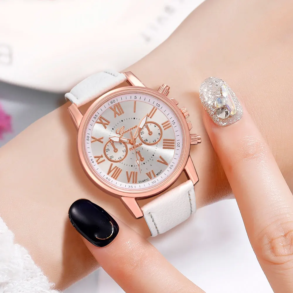 6PCS/set Of White Women's Watches Fashionable And Versatile PU Leather Strap Women's Quartz Watch Love Jewelry Set (No Box)