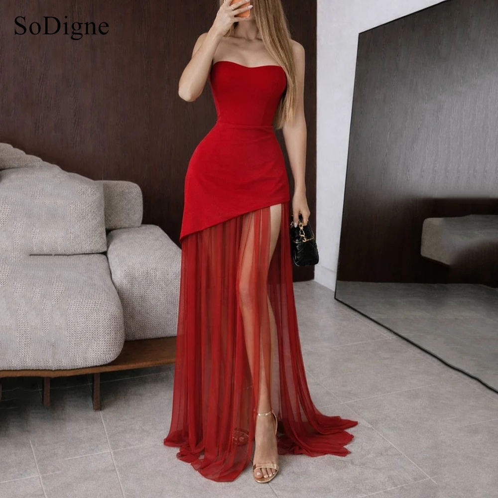 SoDigne Elegant Evening Dresses Strapless Sleeveless Party Dress Simple Tulle Side Slit A-Line Prom Gowns Customized