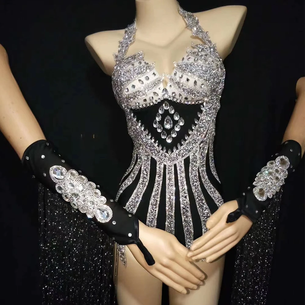 Fonkelende Diamanten Mouwloze Hals Gemonteerde Bodysuits Backless Prestaties Kleding Fringe Decoratie Handschoenen Stadium Slijtage Dame