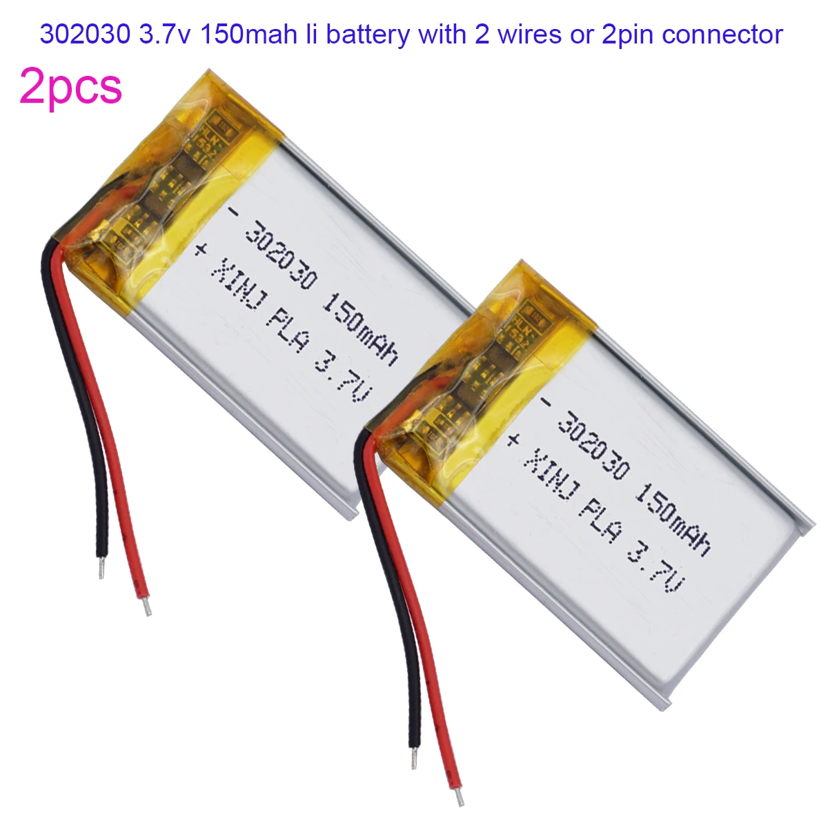 

2pcs 3.7V 150mAh 0.55Wh Li-Polymer Replacement Lipo Rechargeable Battery 302030 JST 2Pin 1.0/1.25/1.5/2.0/2.54mm Connector plug