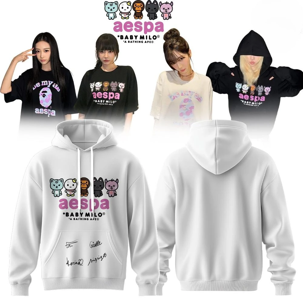 Aespa Baby Milo Cartoon Character Graphic Hoodie Kpop Idol Signature Print Men Women Long Sleeve Pullover Fans Casual Sweatshirt