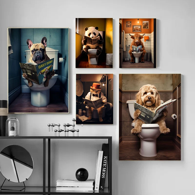 Interesting Toilet Animals Dog Reading Newspapers Panda Poster Canvas Paintings Wall Art Pictures Home Bathroom Decor