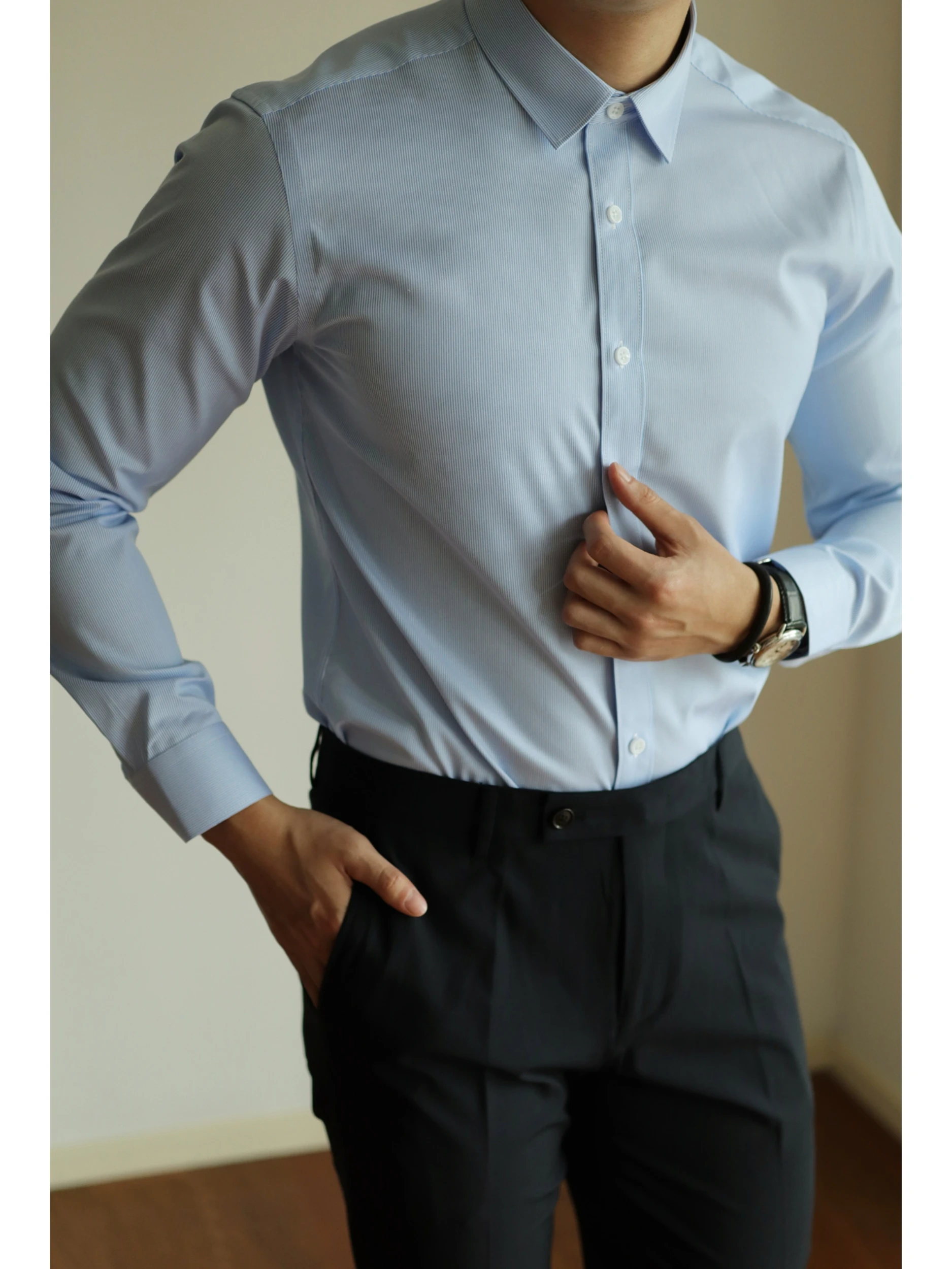 Business ironless men's shirt commuting solid color basic wrinkle resistant formal wear slim fit long sleeved inch shirt