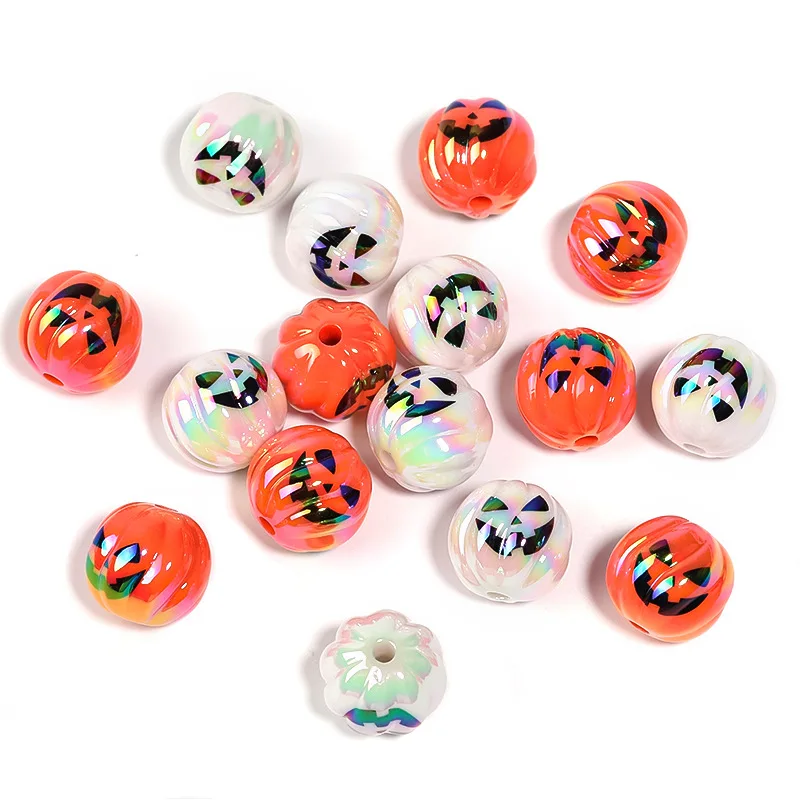 100 Stuks 15Mm Halloween Duivel Pompoen Kralen Uv Vergulde Oranje Wit Acryl Bedrukt Kraal Diy Sleutelhanger Telefoon Ketting Accessoires