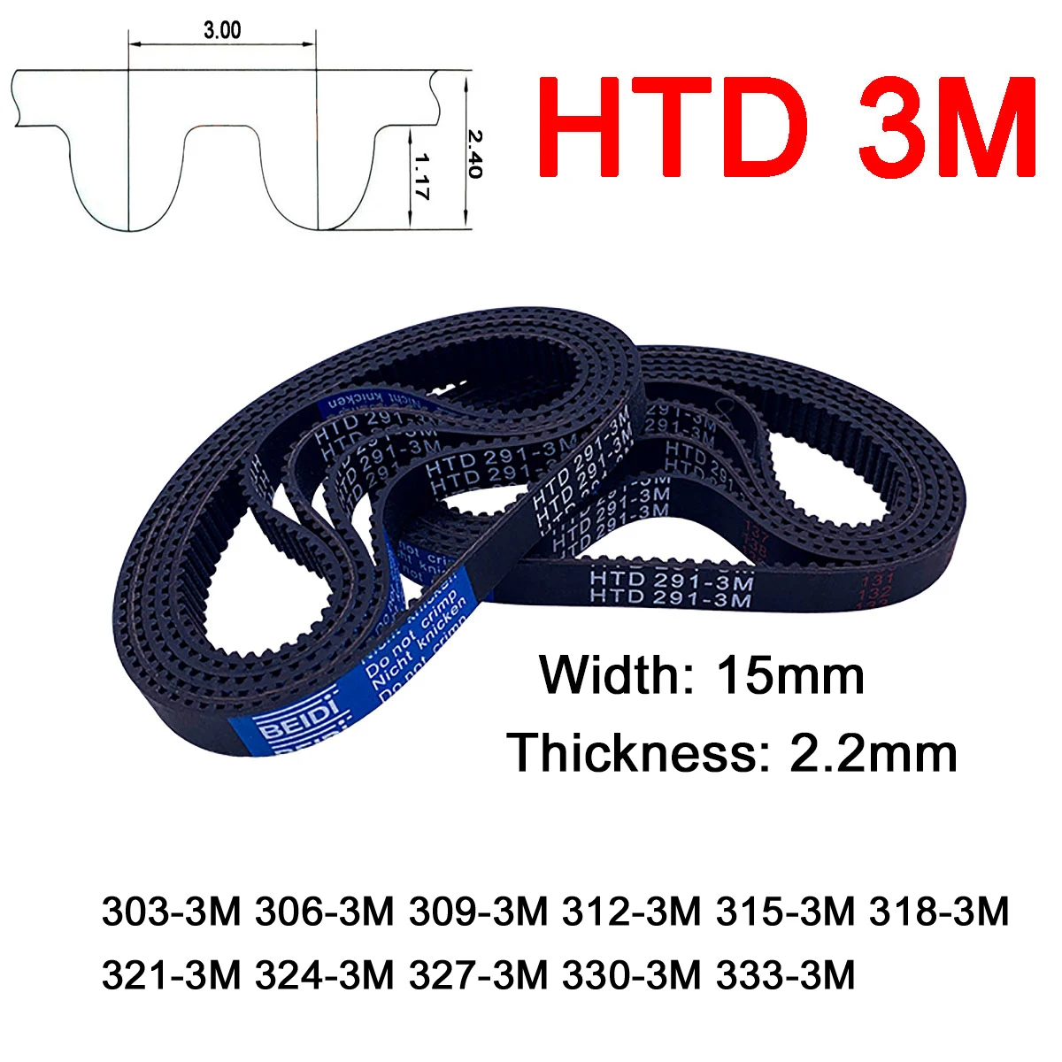 

1Pc Width 15mm 3M Rubber Arc Tooth Timing Belt Pitch Length 303 306 309 312 315 318 321 324 327 330 333mm Synchronous Belt