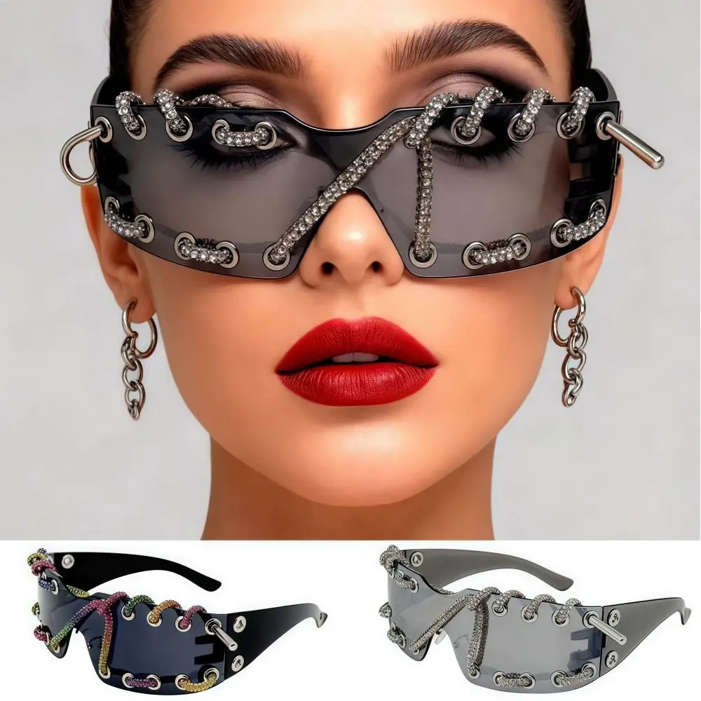 Rhinestone Chain Punk Sunglasses Lightweight Cool Trendy Sunglasses Retro UV Protective Streetwear Party Shades For Women Men