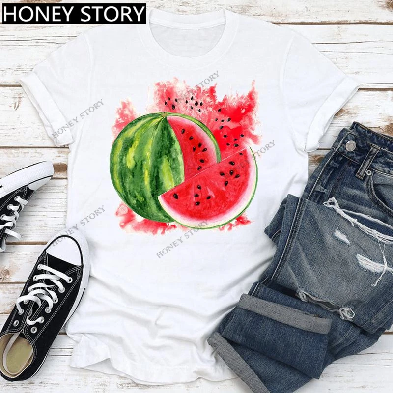 

Fruit T-shirt Summer Watermelon Pineapple Lemon Cartoon Print Round Neck White Women's T-shirt Short Sleeves Tops Vintage