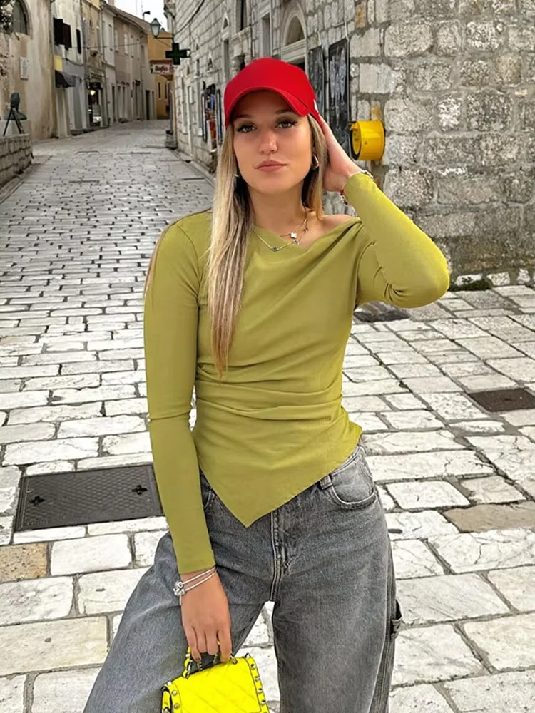 HH Women Fashion Solid 5-Color Asymmetrical Slant Collar Tops Female Spring Pleated Decoration Casual Slim Elasticity Top