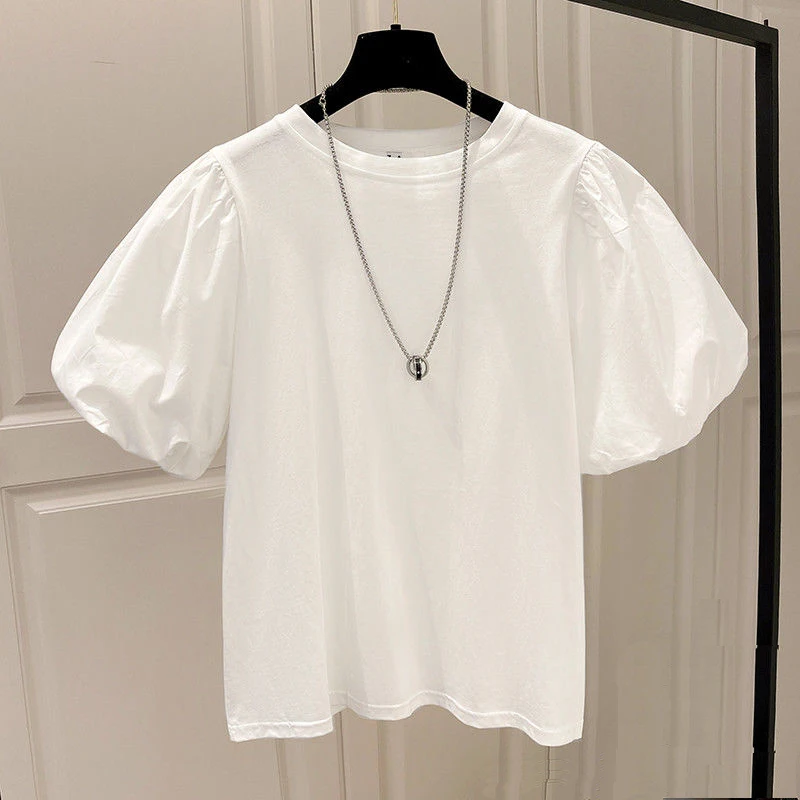 

Cotton 2023 Summer New In Korean Round Neck Bubble Short Puff Sleeve T-shirt Ins Fashion Tee Lady Tops White Black tShirts