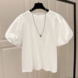 Cotton 2023 Summer New In Korean Round Neck Bubble Short Puff Sleeve T-shirt Ins Fashion Tee Lady Tops White Black tShirts