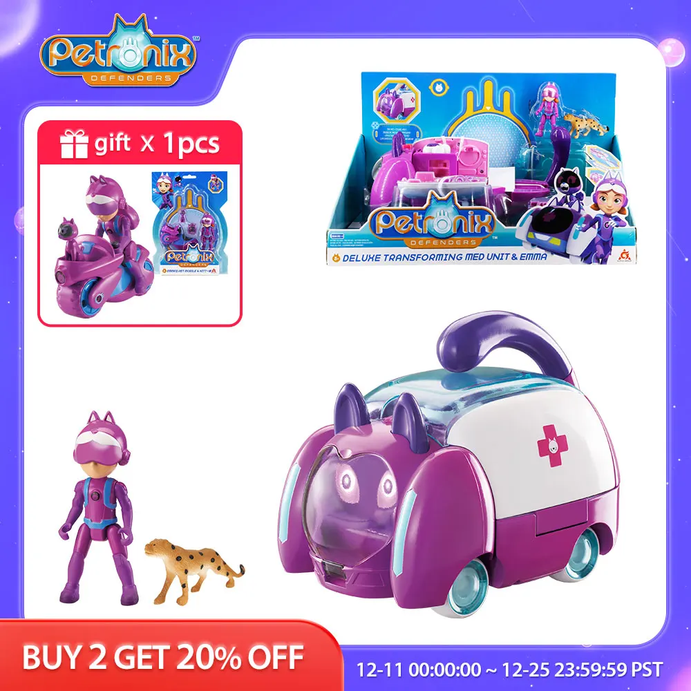 

PETRONIX DEFENDERS Deluxe Transforming Med Unit & Emma 2-IN-1 Modes with 2 Figures ,Glowing Eye,Movable Wheel Anime Kid Toy Gift