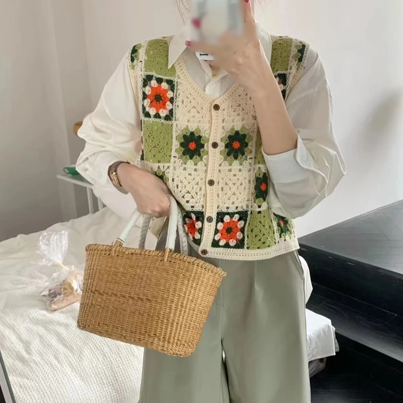 All-match Hollow Out Waistcoats Women Crochet Cardigan for Summer Autumn