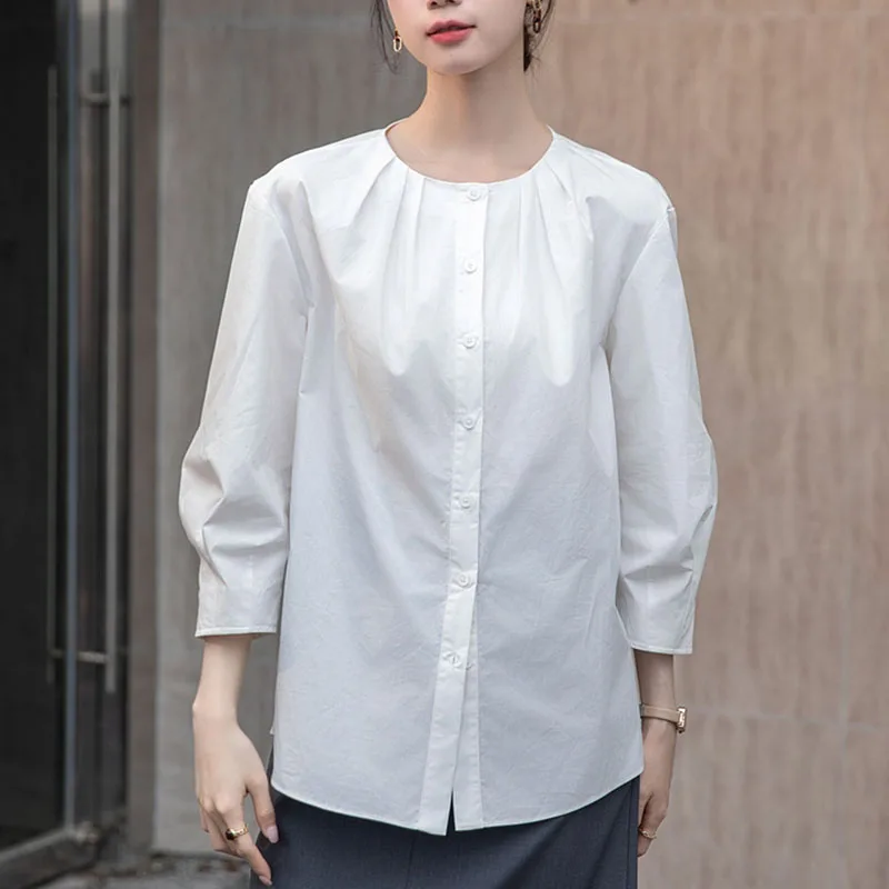 Spring Summer Casual White Shirt Women Three Quarters Sleeve Blouses O Neck Basic Tops Office Lady Clothing Blusas Mujer New