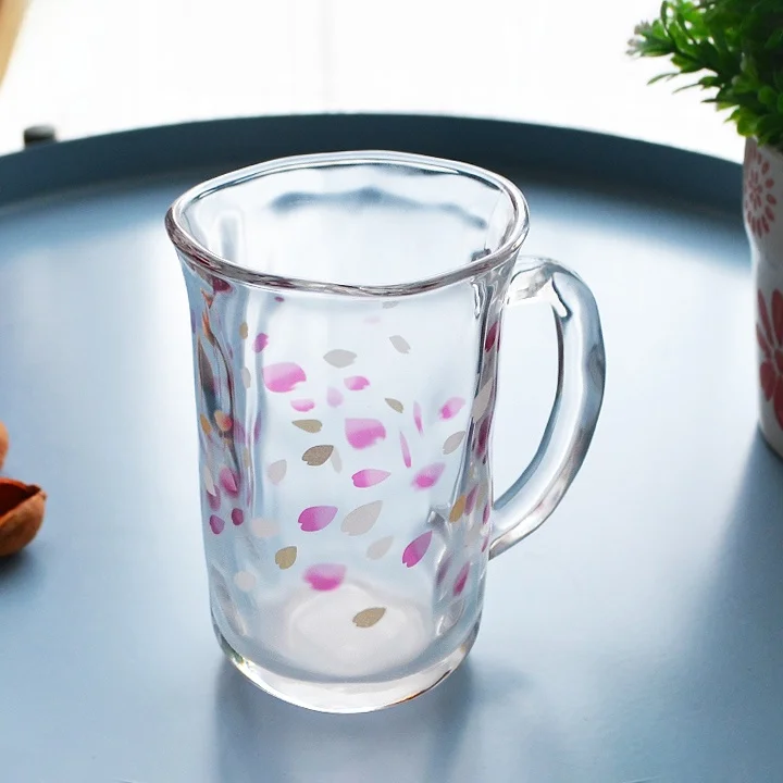 

Creative Glass Cup with Handle And Lid Printed Cold Drink Cup Home Use Floral Design Japanese Style round Shape Daily Gift