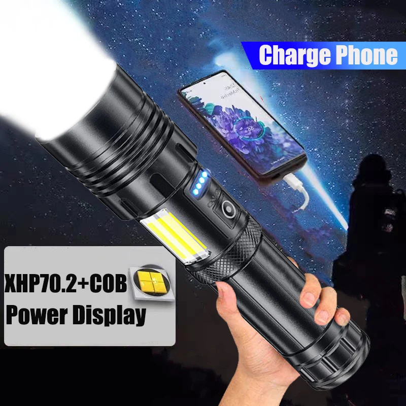 

Super XHP70+COB Dual Light Source LED Flashlight with Power Bank Zoom External Battery Flash Light USB Charging 26650 Battery