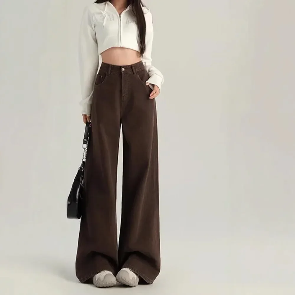 

PopPopHigh Waist Wide Leg Denim Jeans Women's Coffee Color Summer New Style Retro Loose Straight Cut Trousers Versatile Trendy