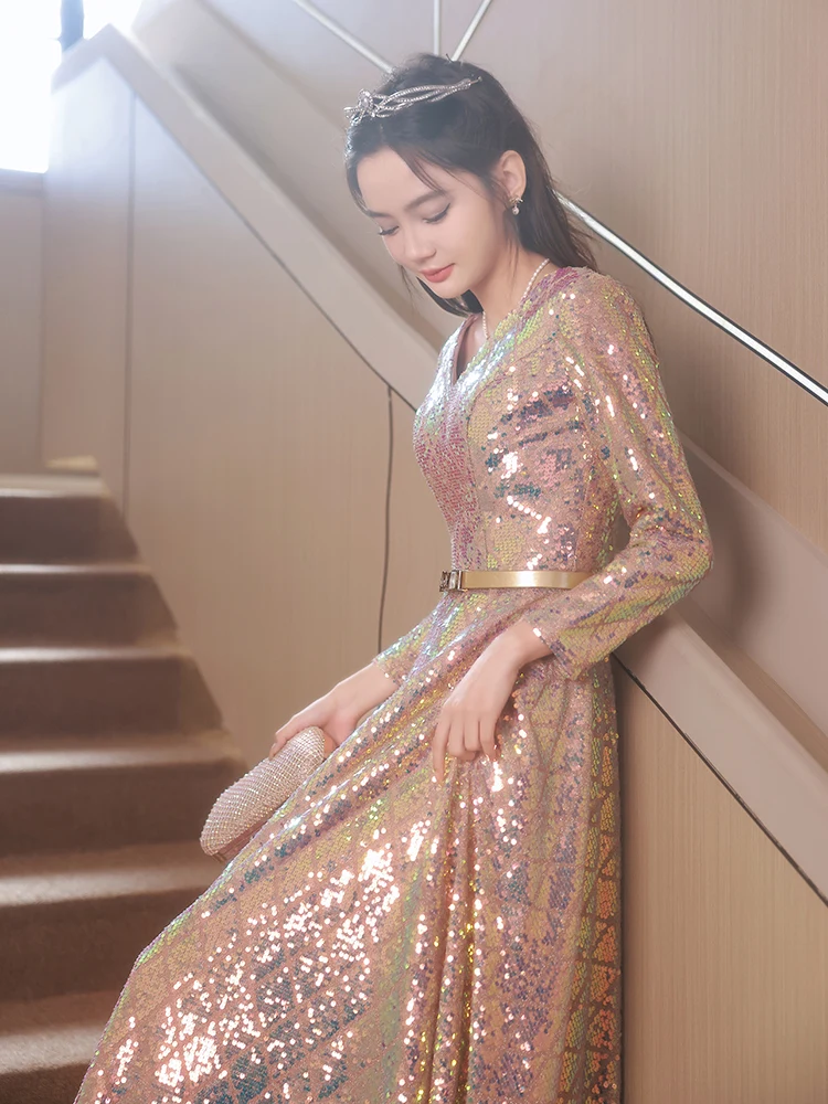 

Золотое длинное вечернее платье Ele Luxury для женщин, роскошное бальное платье с V-образным вырезом, длинными рукавами и пайетками для выступлений