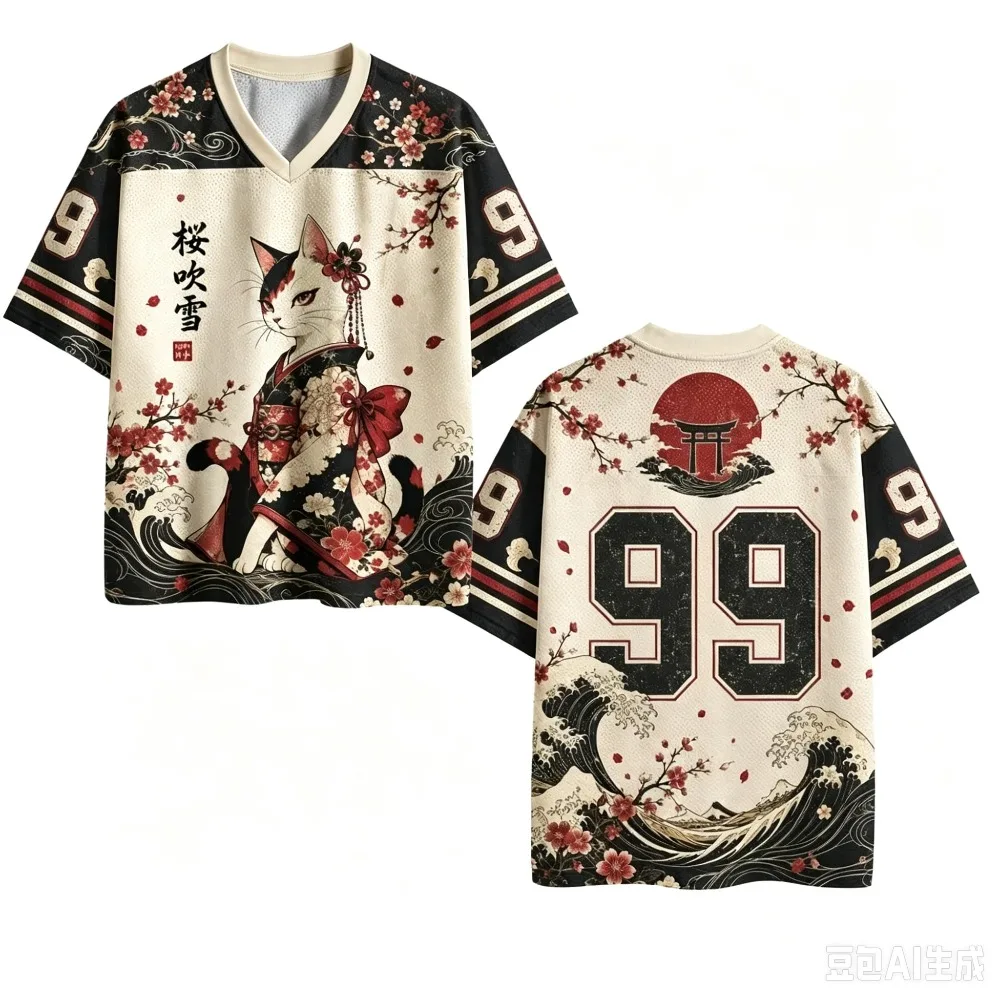 Japanischer Stil Kirschblüten-Katze 3D-Druck Schnelltrocknend Atmungsaktiv Sport Herren Damen V-Ausschnitt Loses T-Shirt Modisches Y2K Parentagl Kleidungsstück – Detail 8
