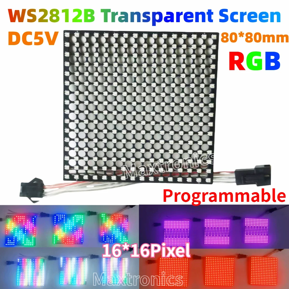 80*80mm DC5V WS2812 LED Quadrato Schermo Trasparente Dot Matrix 16*16 Protocollo SPI 2020 Perline Full Color Programmabile Per Il Segno LED