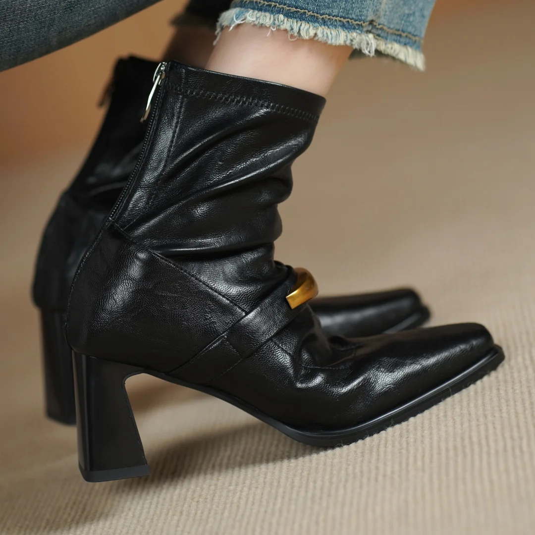 المرأة جلد الغنم كبيرة بو الجلود المرقعة مشبك معدني ساحة تو الظهر البريدي الخريف حذاء من الجلد 7 سنتيمتر سميكة عالية الكعب أحذية قصيرة #4