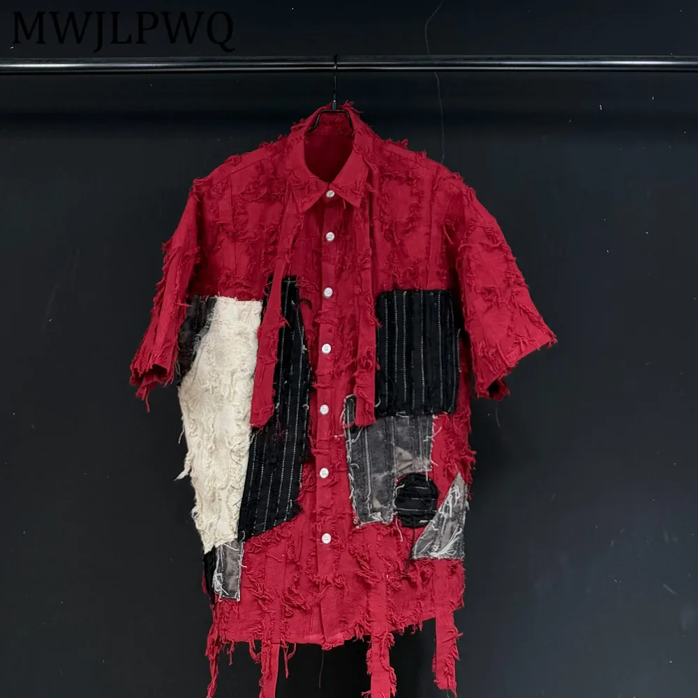 

MWJLPWQ Deconstructed Design Street Style Short-Sleeve Shirt Male Trendy New Lapel Unisex Red Loose Fit Tops Spring Summer 14748