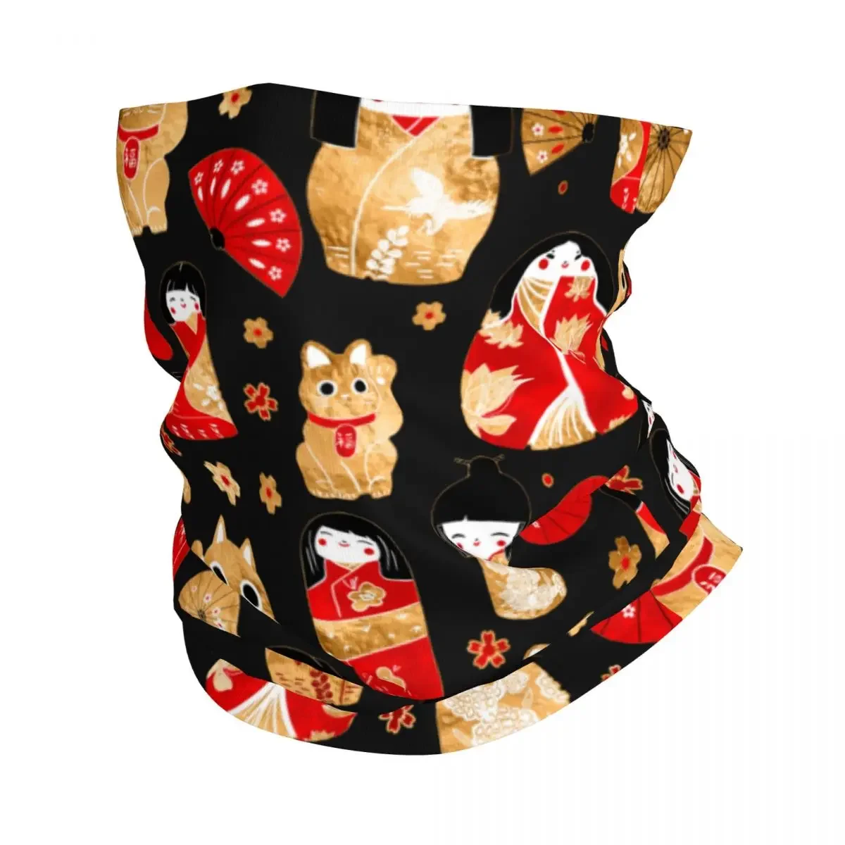 Japanese Dolls Pattern Bandana Neck Cover Printed Kokeshi Magic Scarf Multifunctional Headband Riding for Men Women Breathable