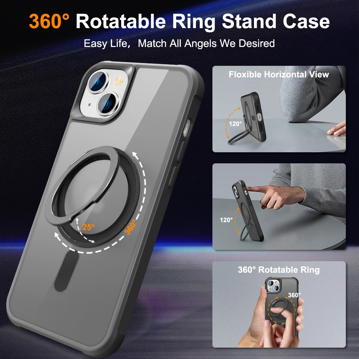 

360° Rotatable Matte Magnetic Ring Hidden Stand Case For iPhone 15 Plus Drop-Proof & MagSafe Compatible Design