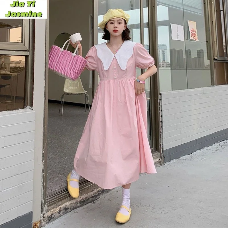 2024 Summer Super Immortal New Korean Edition Sweet Contrast Doll Neck Temperament Kikyu Bubble Sleeves Mid Length Dress