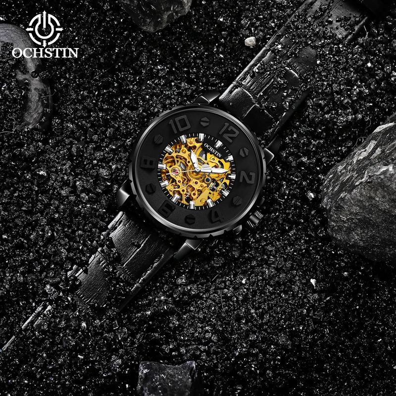 OCHSTIN Master Series Men's Hollow‑out Mechanical Watch Man Fashion Premium Genuine Leather Strap Daily Waterproof Wristwatch