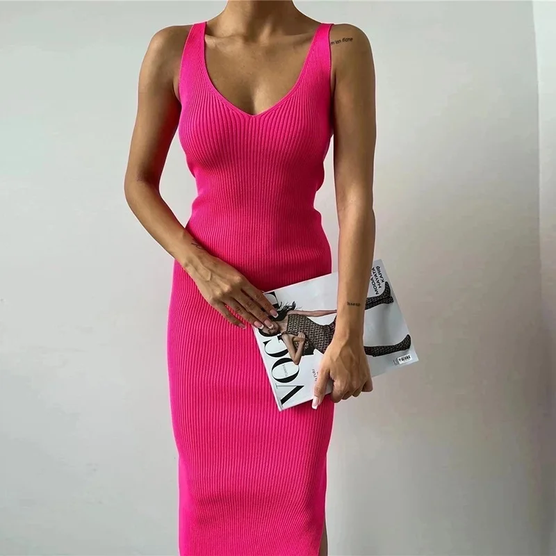 2023 Summer Knit Rib Sexy Strap V-Neck Dress Women Tank Elatic Waist Bodycon Sundress Female Beach Split Backless Long Dress