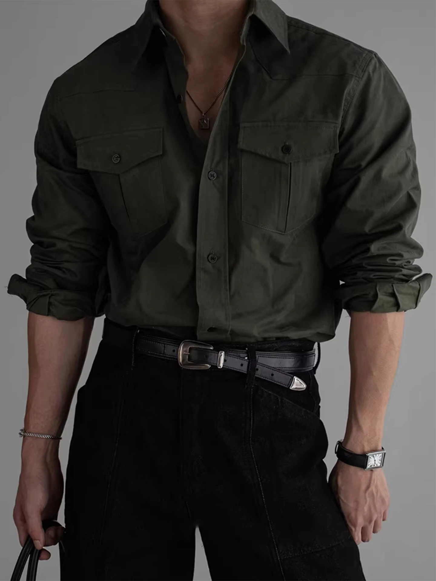 Hard Workwear Shirt Double Pocket Design Military Green Jacket Men's Spring Autumn New Style Casual Loose Fit Long Sleeve