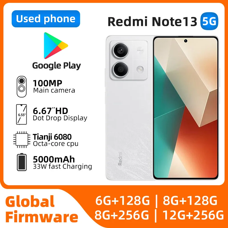 Xiaomi Redmi Note 13 5G 256GB Dimensity 6080 Ultra 140Hz LCD Display 64MP Triple Camera 5000mAh used phone