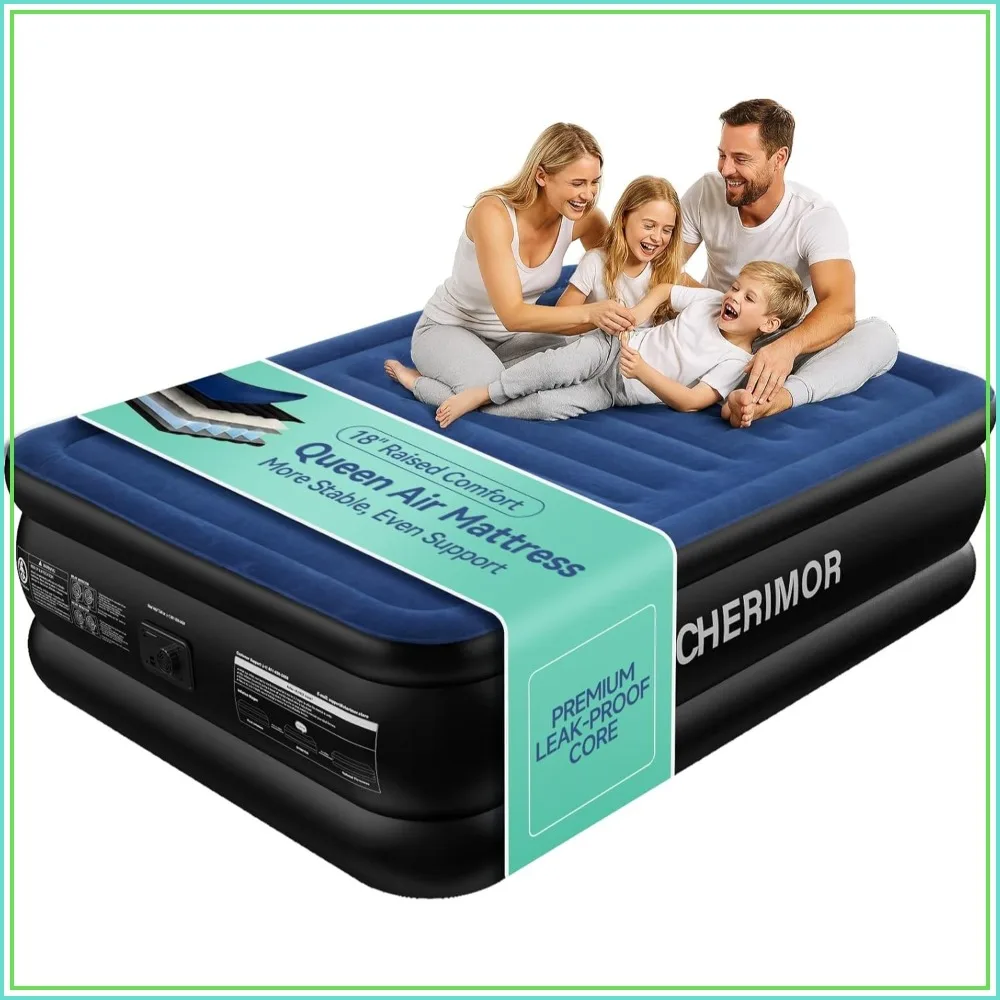 

Queen Air Mattress with Built-in Pump, 18" Raised Inflatable Bed, Multi-Layer Leakproof, 800 lbs Capacity, Fast 3-Min Inflation for Home, Camping & Guests