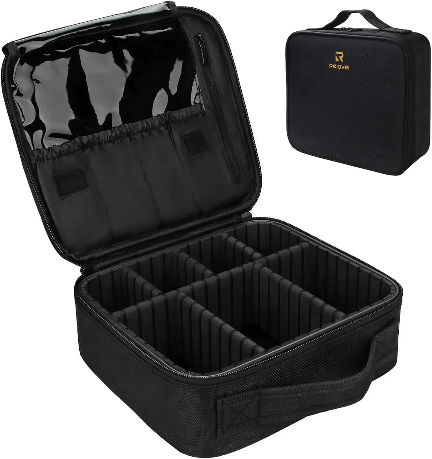 

Portable Travel Makeup Case Organizer with Adjustable Dividers for Cosmetics, Brushes, Jewelry, Black