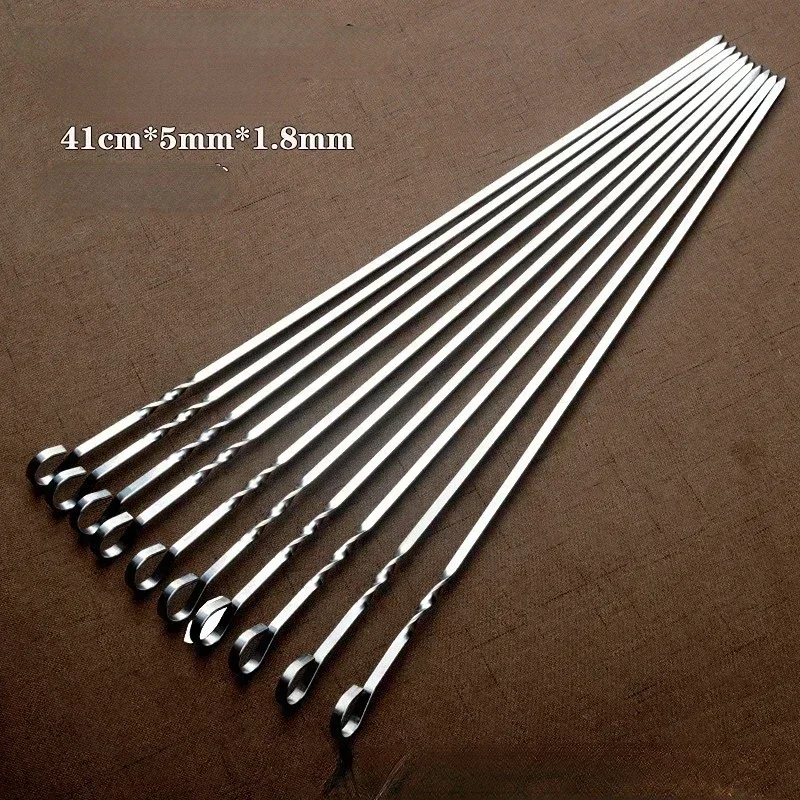 10pcs/set Stainless steel 430 BBQ stick thickened 41cm household mutton skewers iron drill BBQ stick tool BBQ stick.