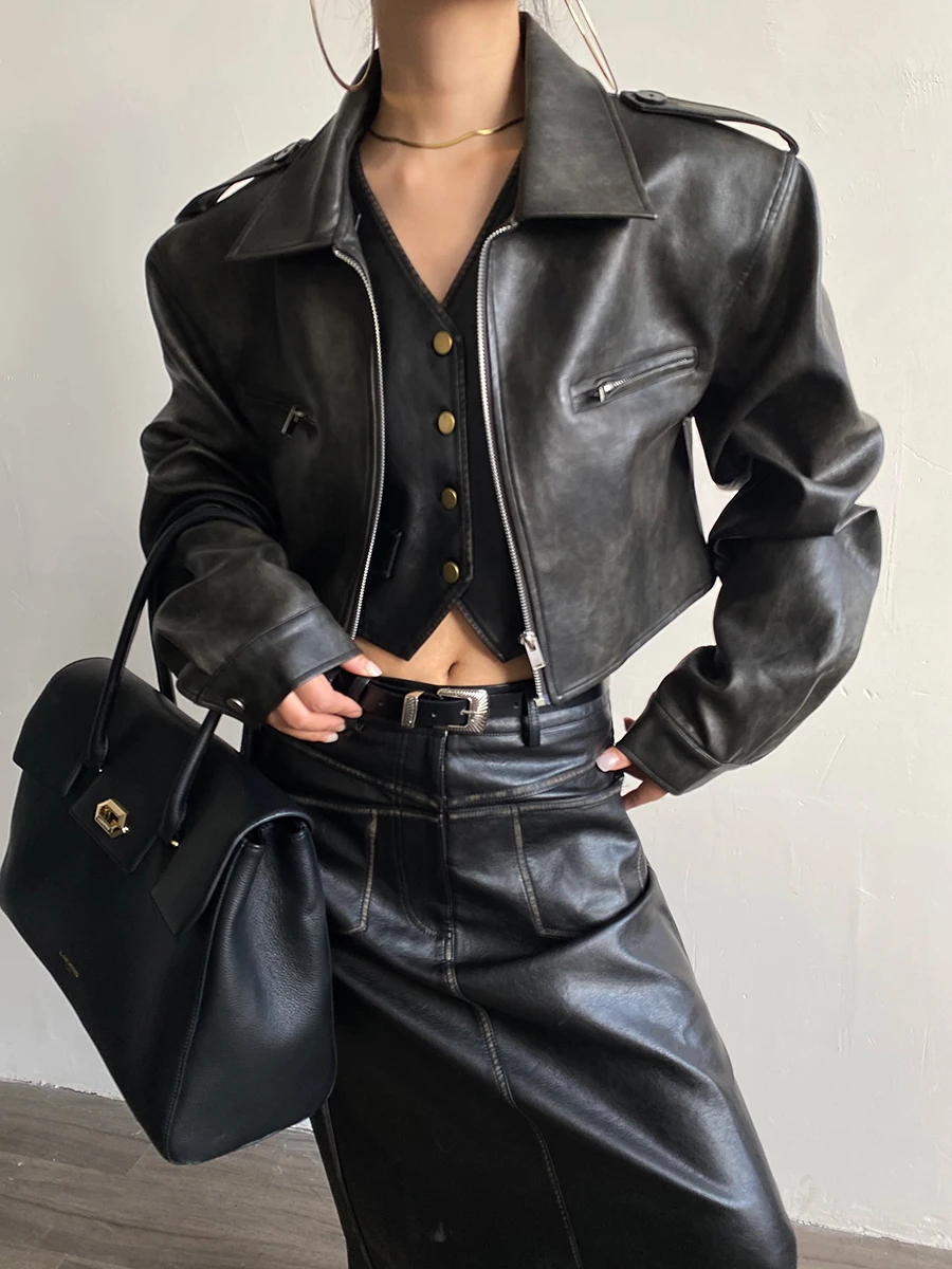 Korean Style Short Pocket Design Hot Girl PU Leather Coat Women's Clothing American Retro Fashionable Loose Slimming Jacket Coat