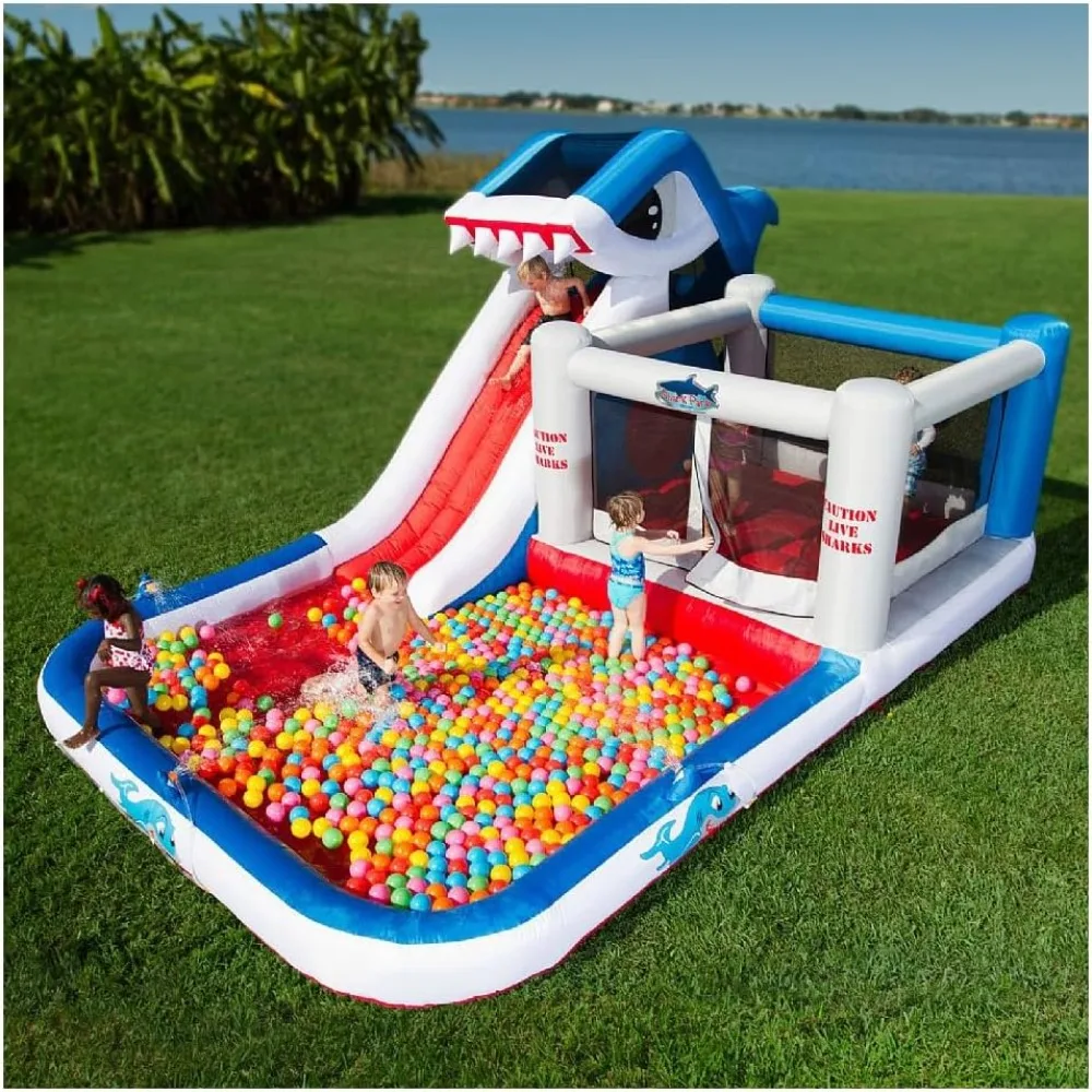 Shark Park 19x11 Inflatable Water Park Bouncer - Blower - Climbing Wall - Slide - Splash Area - Huge