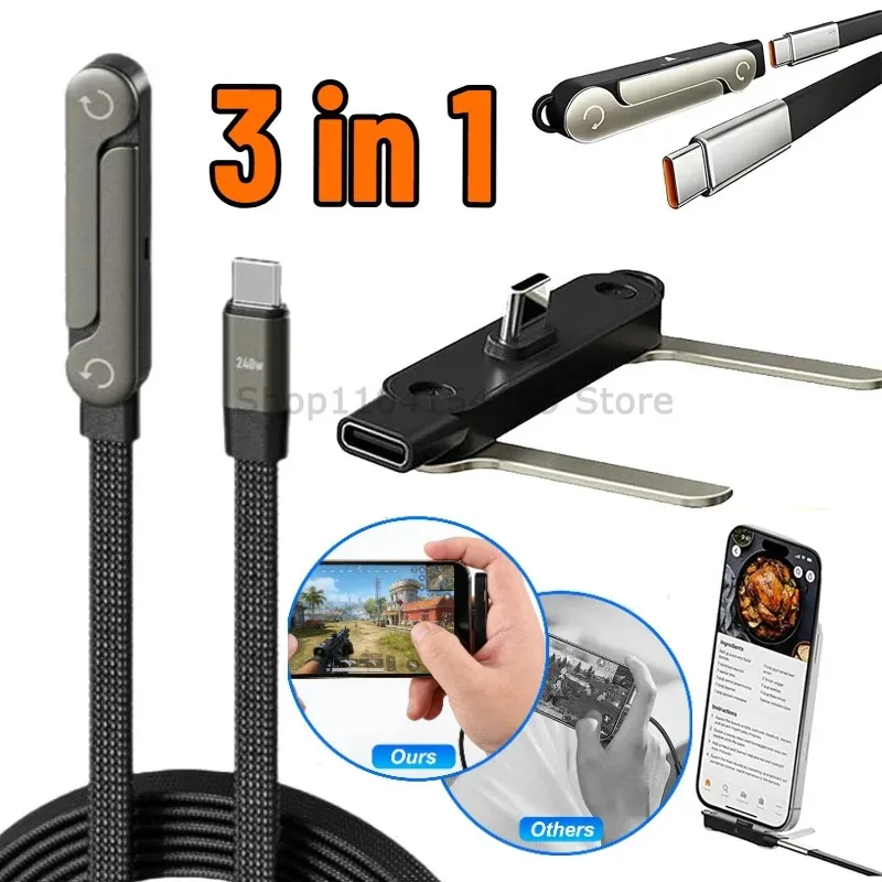 Cabo de Carregamento Rápido 240W Tipo-C para Tipo-C com Suporte Dobrável para Celular, Compatível com iPhone 17/16/15 e Carregador Samsung