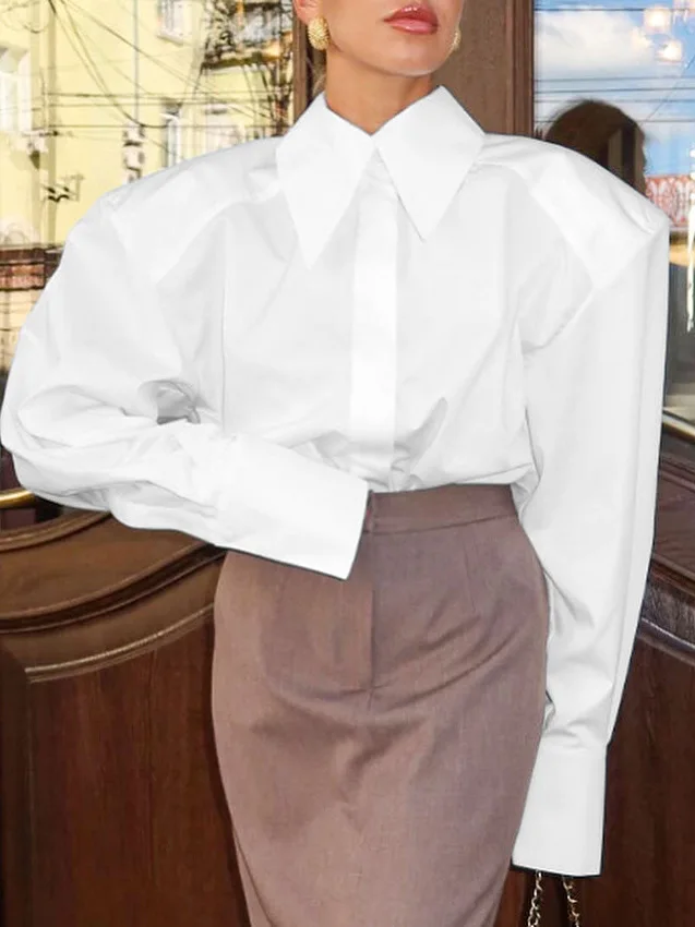 طية صدر السترة بأزرار ضيقة للنساء، مجموعة صيفية عصرية واسعة الكتف كاجوال Sle Long Sve irt للسيدات