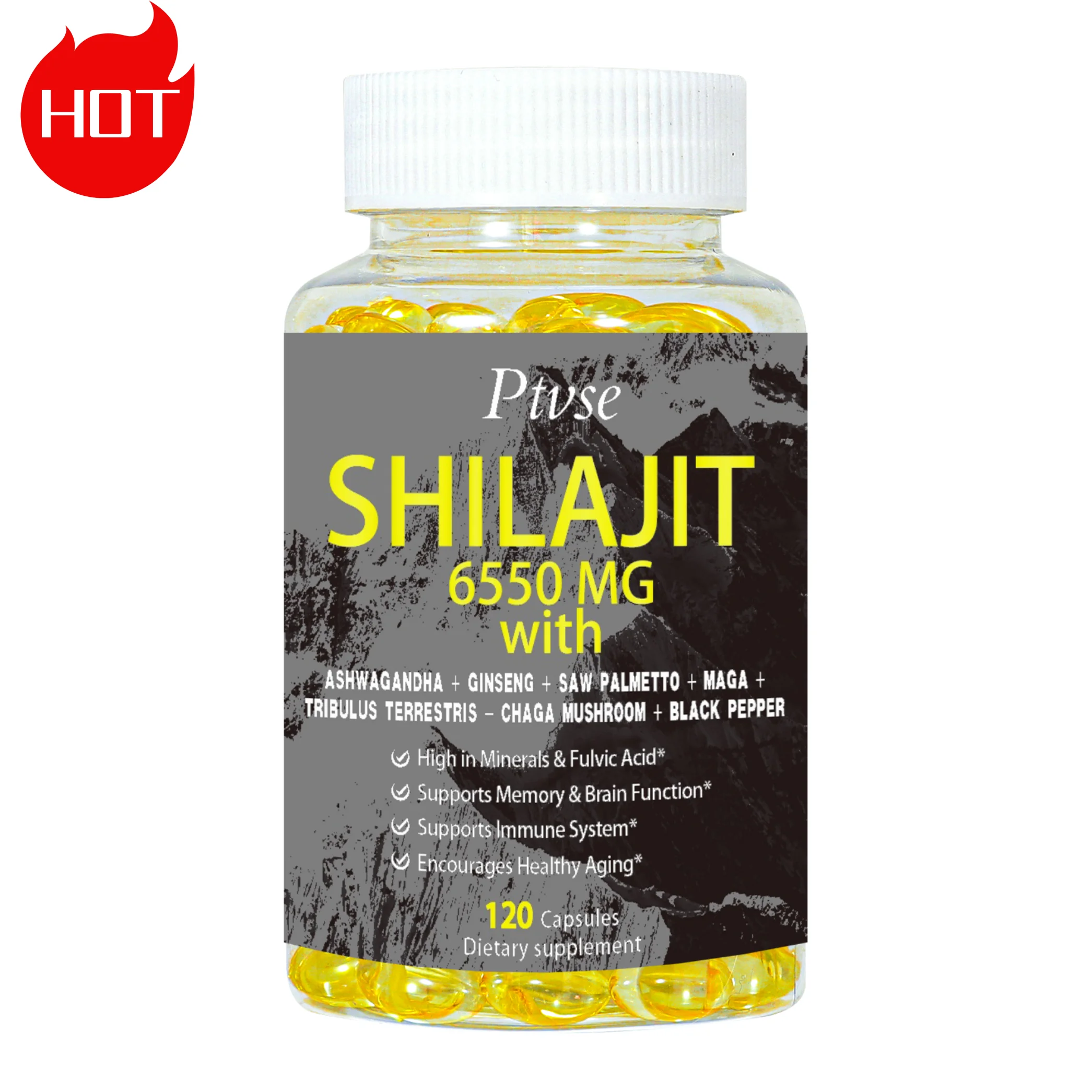 Shilajit Harz Himalaya Kapseln-6550mg-kombinierte Ashwagandha, Ginseng, Säge palme, Maca, Tribulus, Chaga, schwarzer Pfeffer